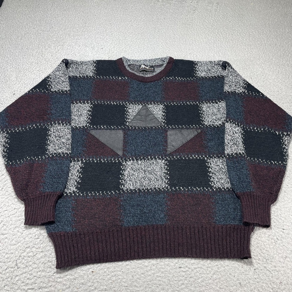 Vintage Impact‎ Sweater Mens Large Multicolor Geometric Leather Trim Knit 90s